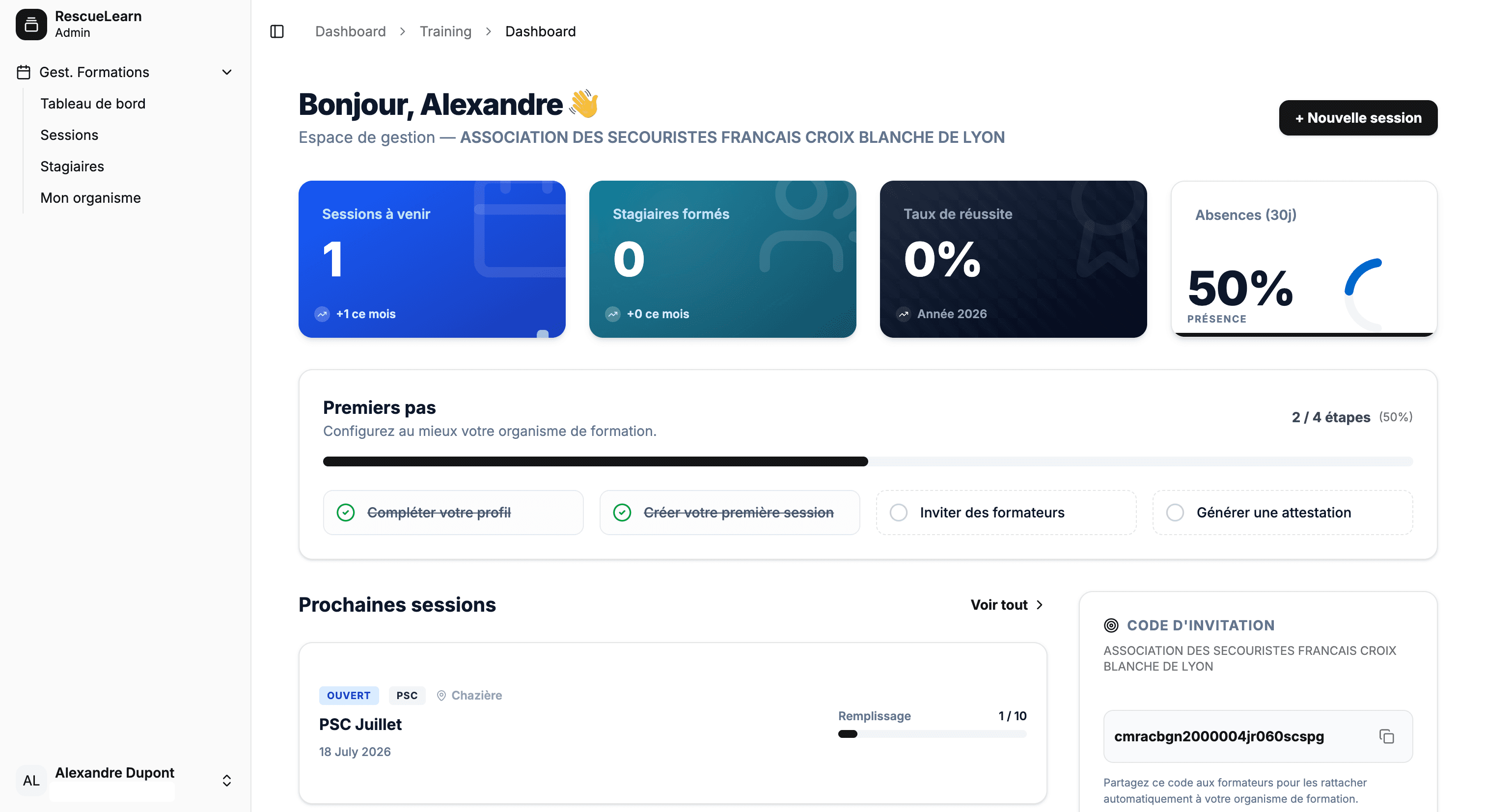 Apercu global de la plateforme RescueLearn pour les organismes de formation